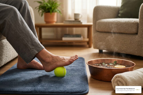 at-home foot care tennis ball rolling and warm soak