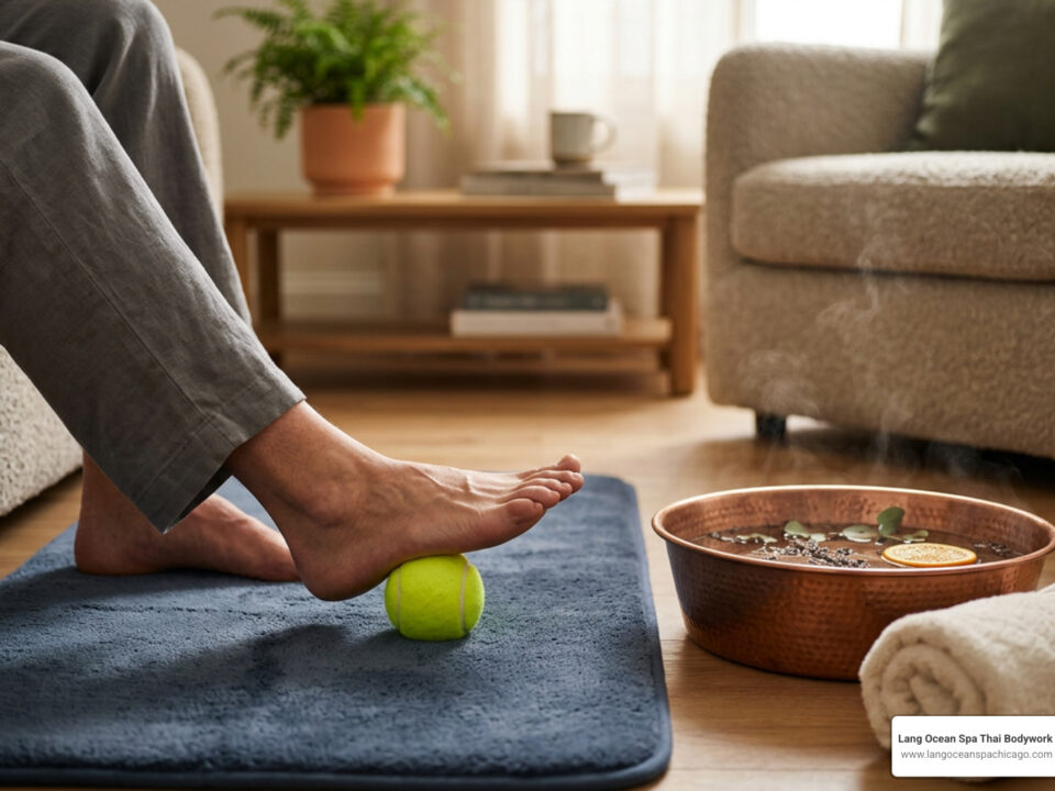 at-home foot care tennis ball rolling and warm soak